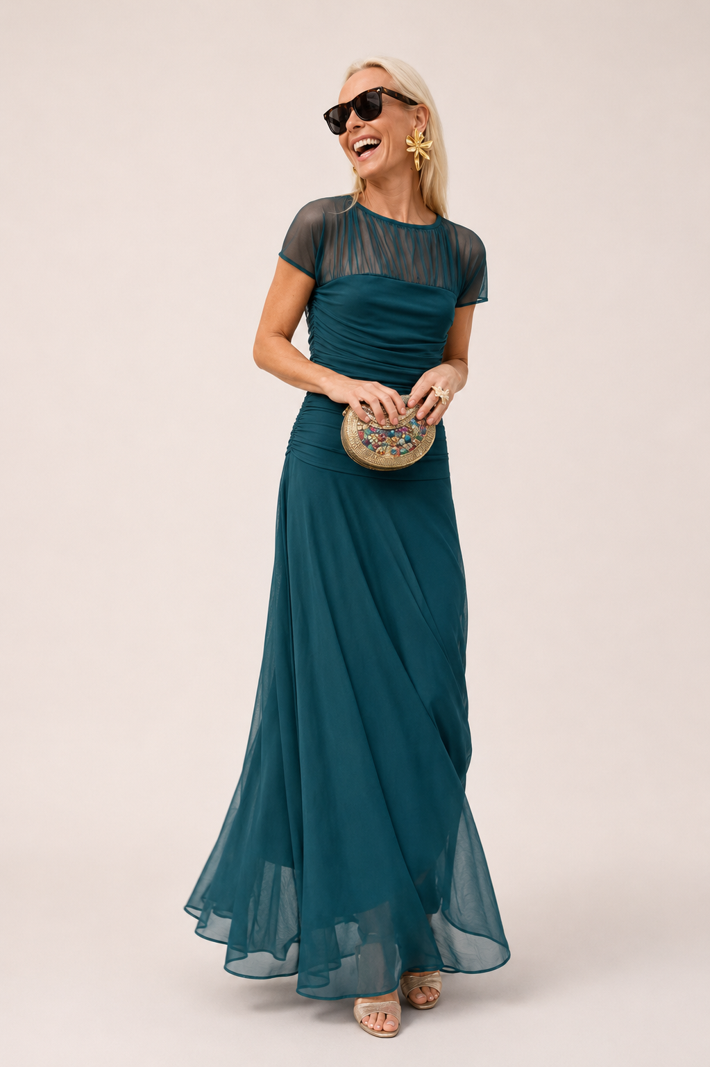 Illusion Mesh Yoke Short Sleeve Ruched Bodice Chiffon Maxi Gown 5
