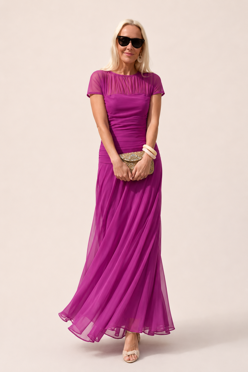 Illusion Mesh Yoke Short Sleeve Ruched Bodice Chiffon Maxi Gown 6