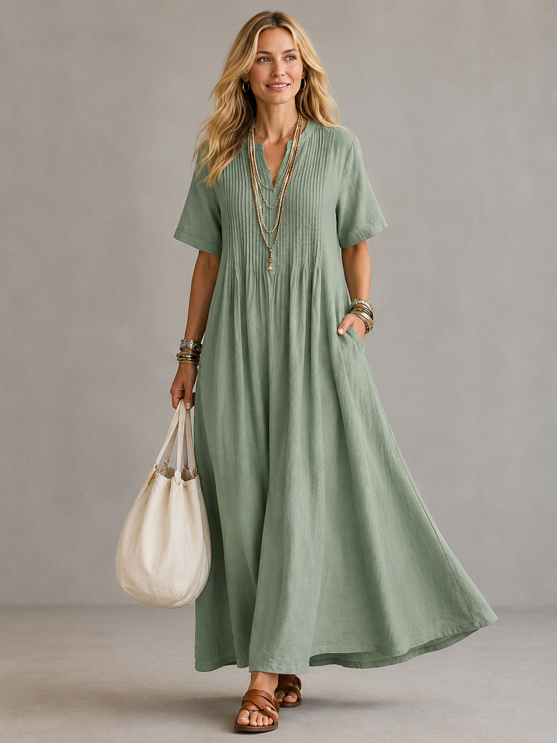 Split Neck Pintuck Pleated Short Sleeve Linen A-Line Maxi Dress 2