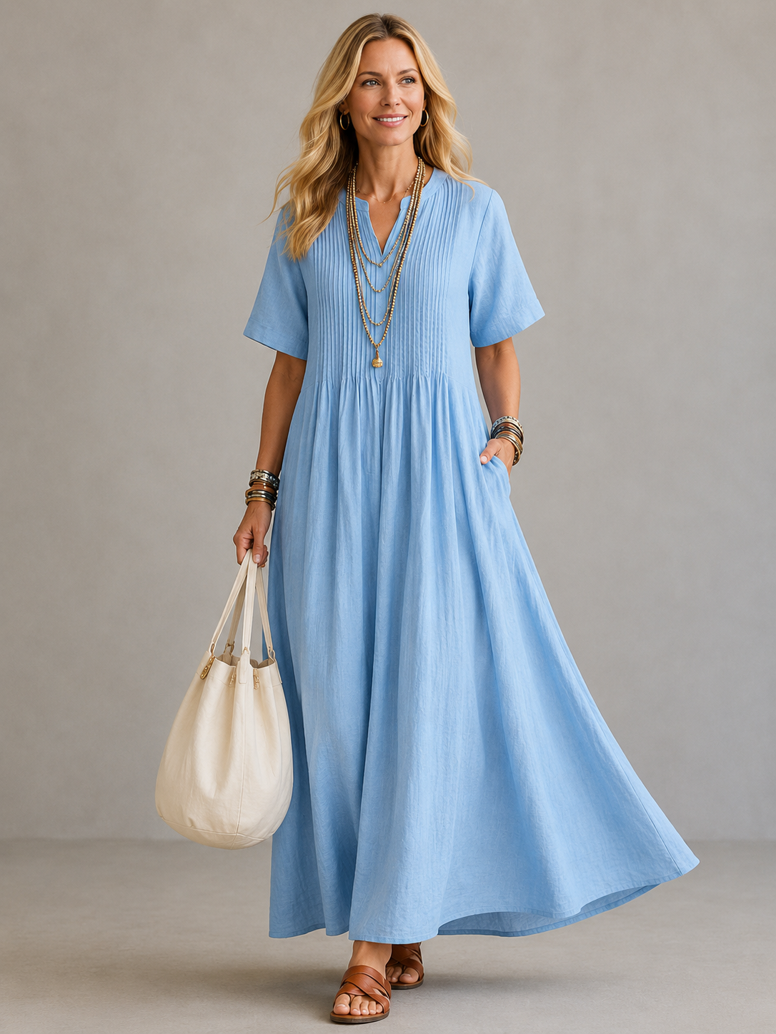 Split Neck Pintuck Pleated Short Sleeve Linen A-Line Maxi Dress 3