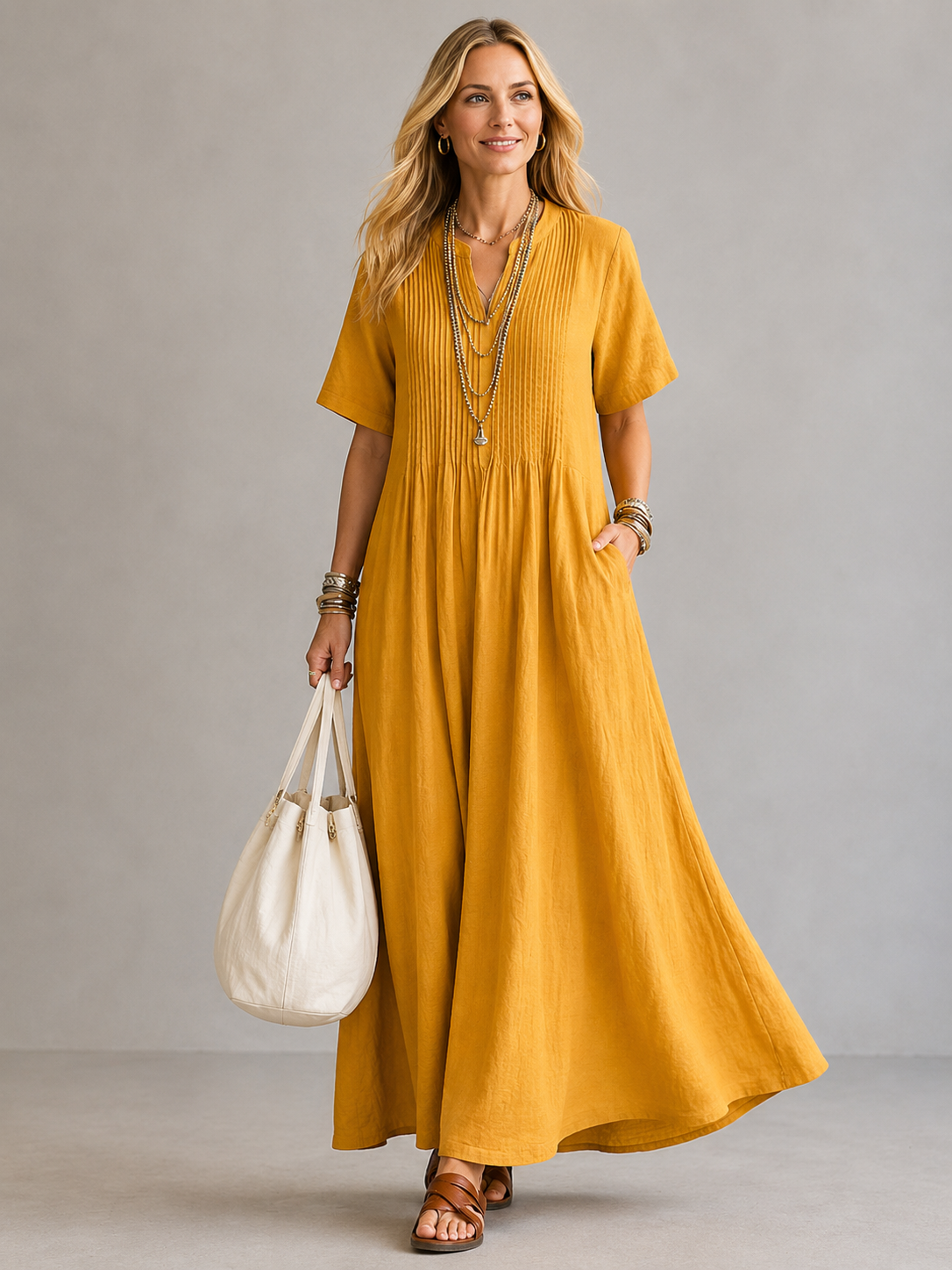 Split Neck Pintuck Pleated Short Sleeve Linen A-Line Maxi Dress 4