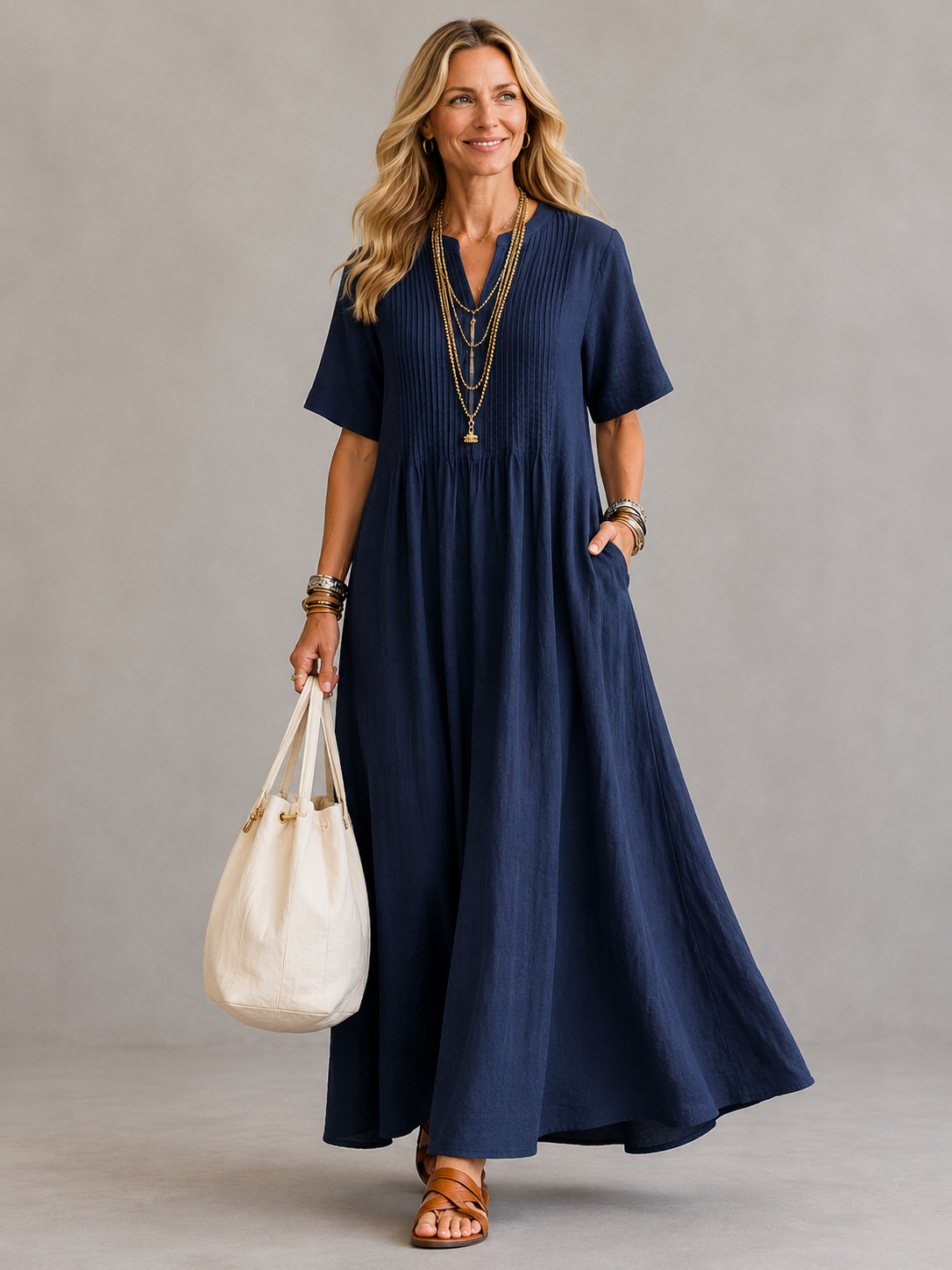 Split Neck Pintuck Pleated Short Sleeve Linen A-Line Maxi Dress 5
