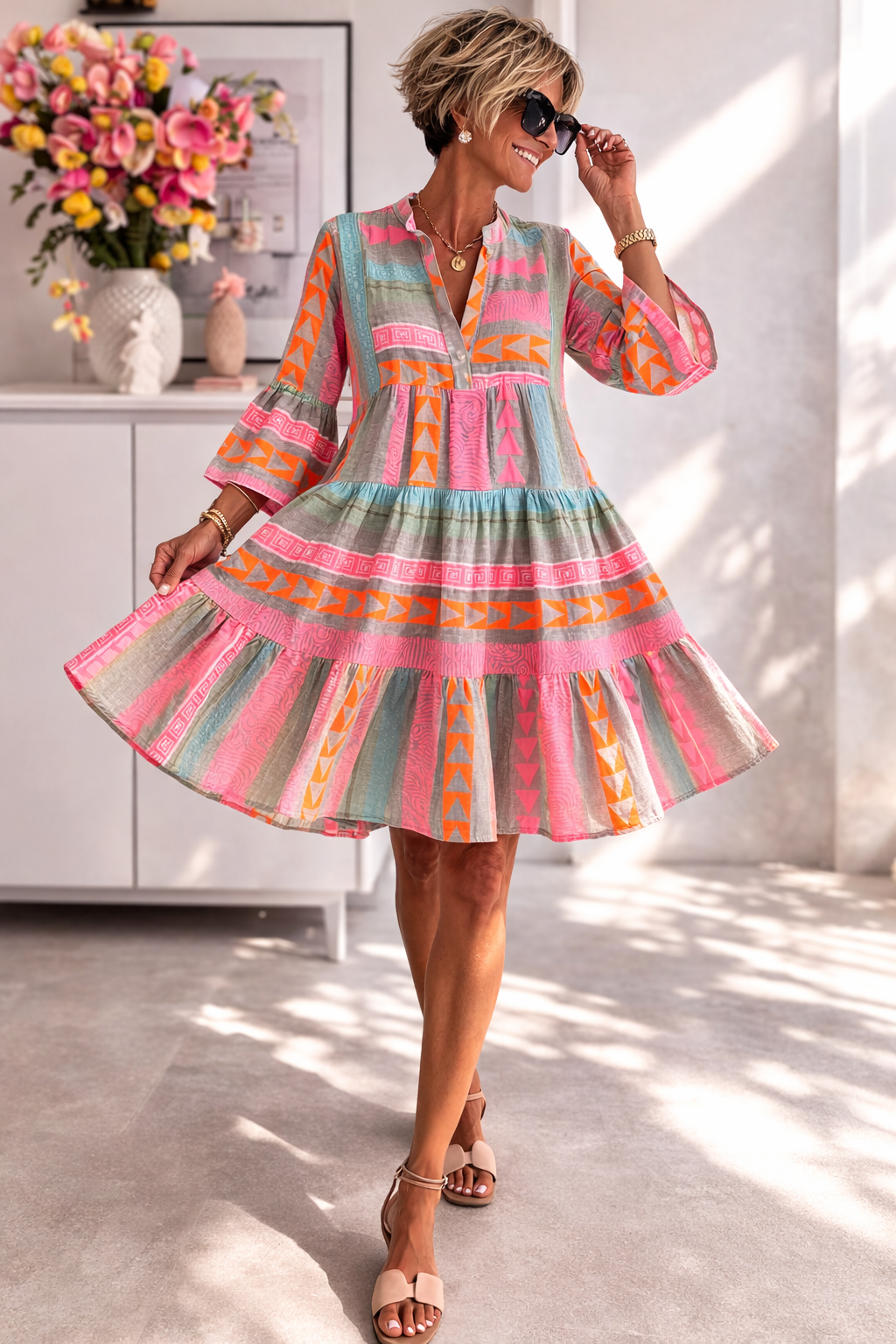 Pink Split Neck Geometric Print Bell Sleeve Tiered Mini Dress 2
