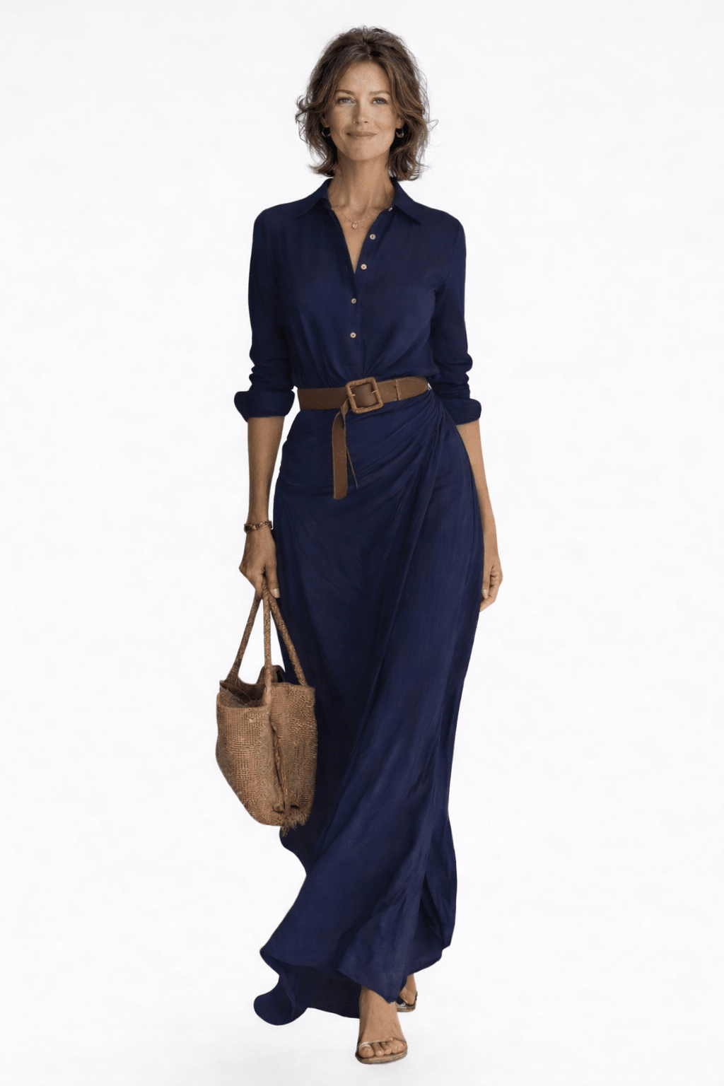Collared Long Sleeve Belted Ruched Wrap Shirt Maxi Dress 2