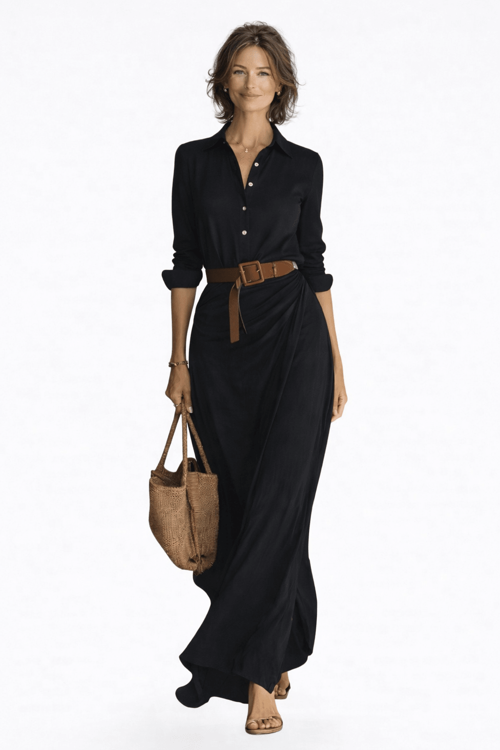 Collared Long Sleeve Belted Ruched Wrap Shirt Maxi Dress 4