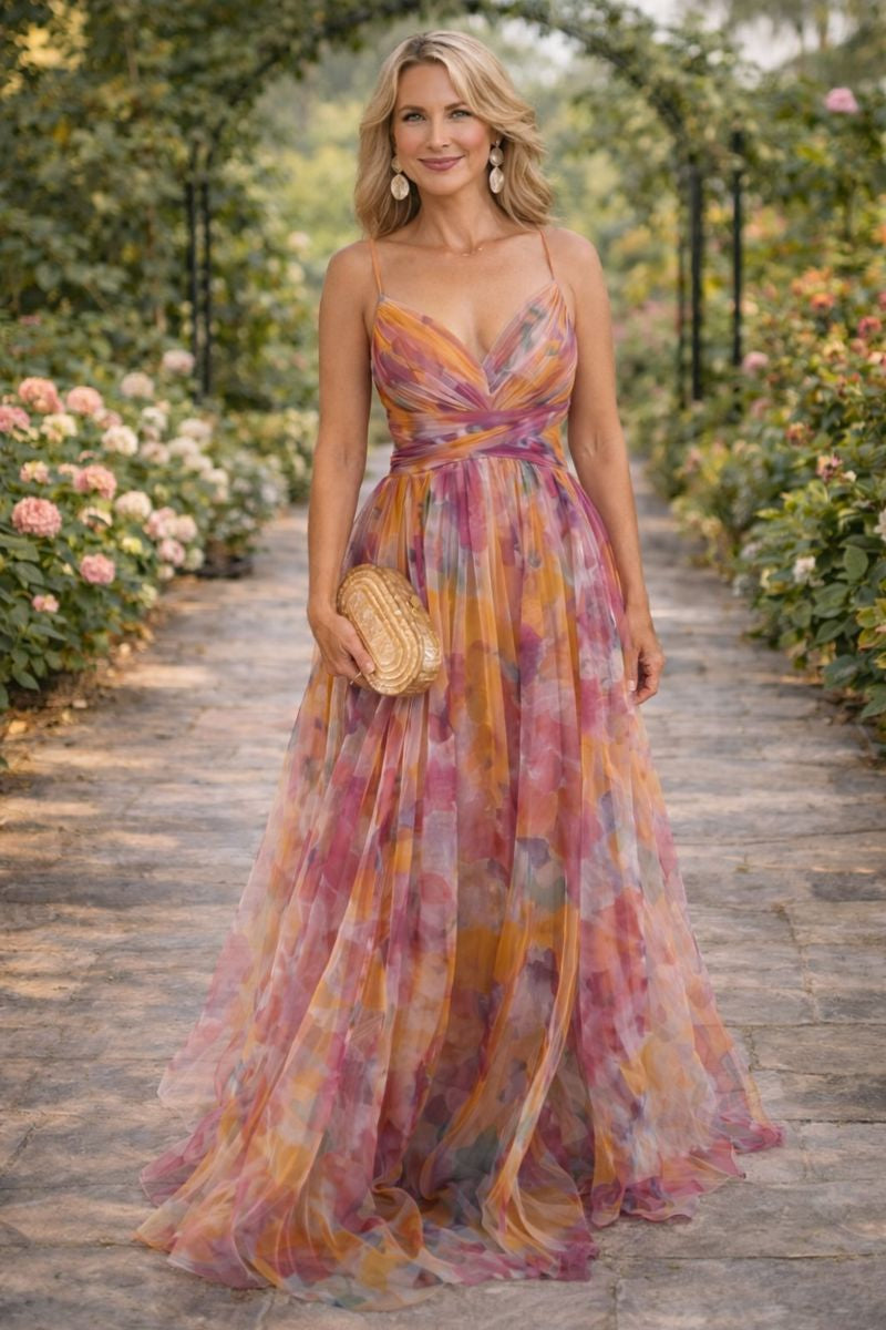 V-Neck Spaghetti Strap Watercolor Floral Chiffon A-Line Maxi Gown