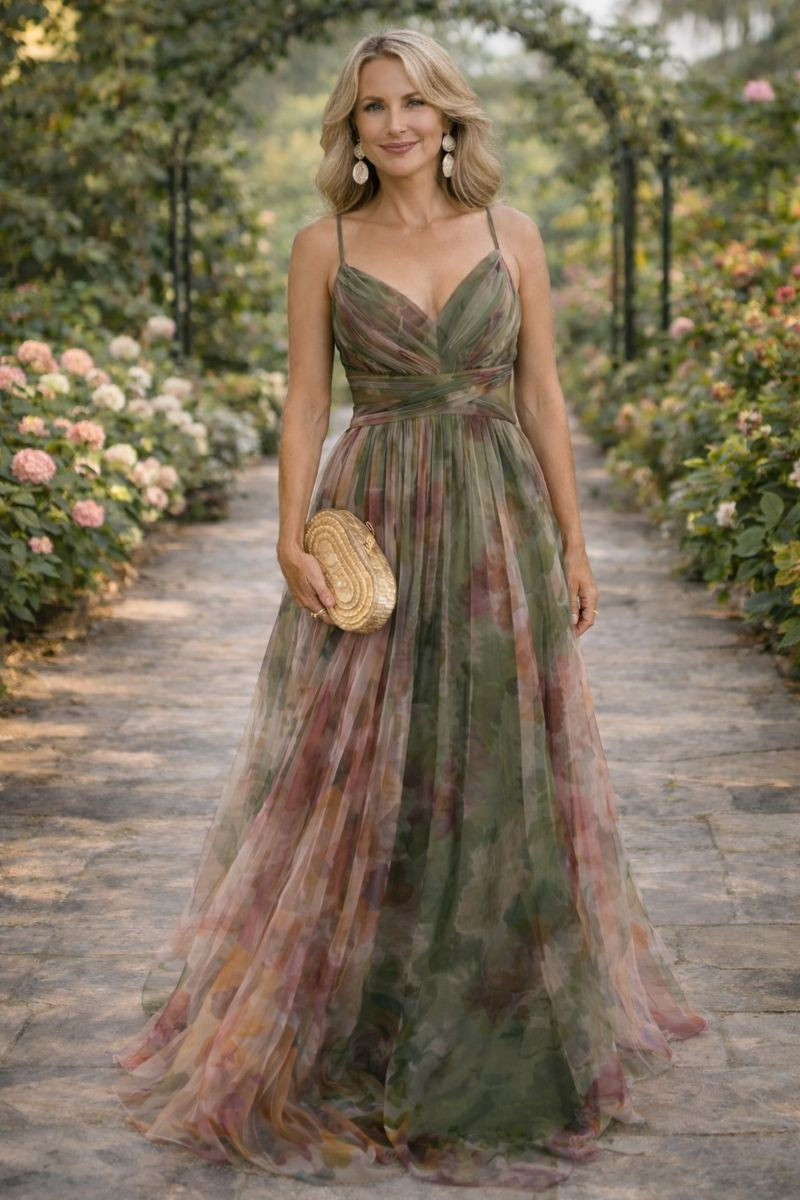 V-Neck Spaghetti Strap Watercolor Floral Chiffon A-Line Maxi Gown