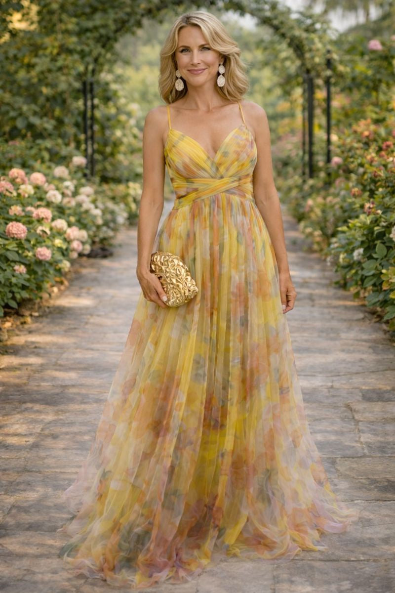 V-Neck Spaghetti Strap Watercolor Floral Chiffon A-Line Maxi Gown
