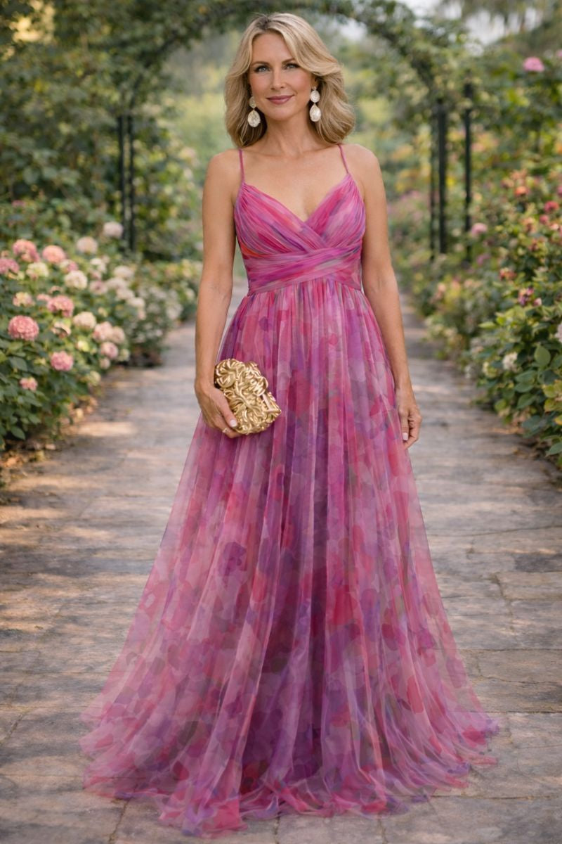 V-Neck Spaghetti Strap Watercolor Floral Chiffon A-Line Maxi Gown