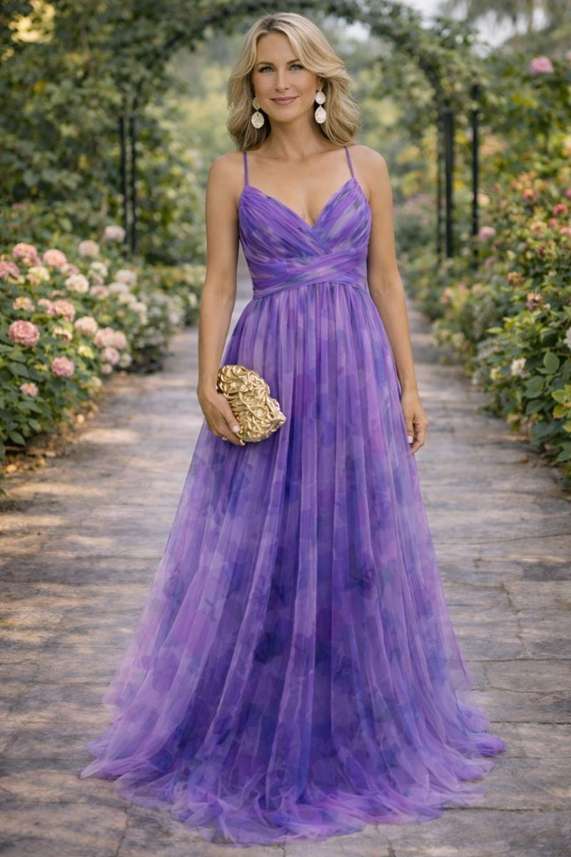 V-Neck Spaghetti Strap Watercolor Floral Chiffon A-Line Maxi Gown