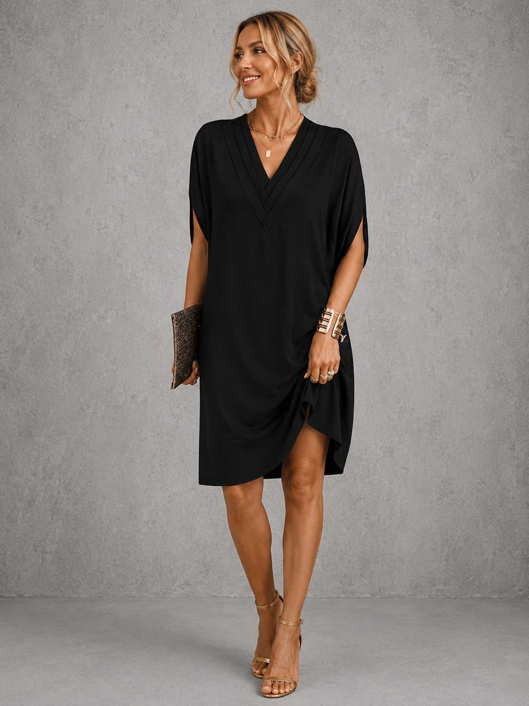 Pleated V-Neck Dolman Sleeve Tulip Hem Shift Midi Dress 2