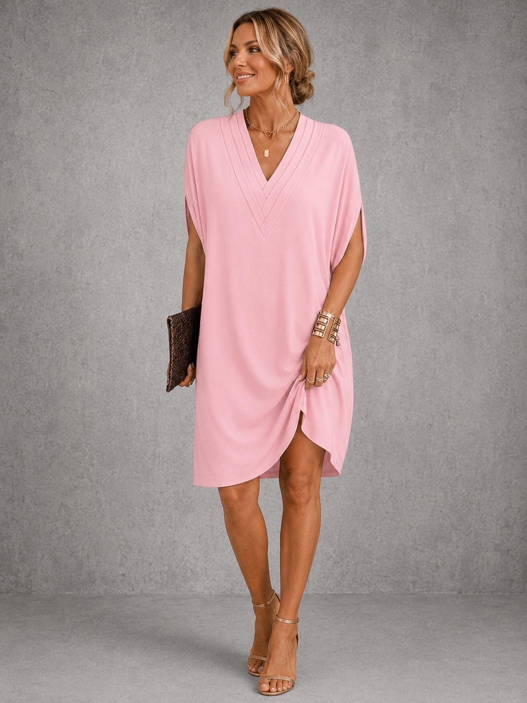 Pleated V-Neck Dolman Sleeve Tulip Hem Shift Midi Dress 3