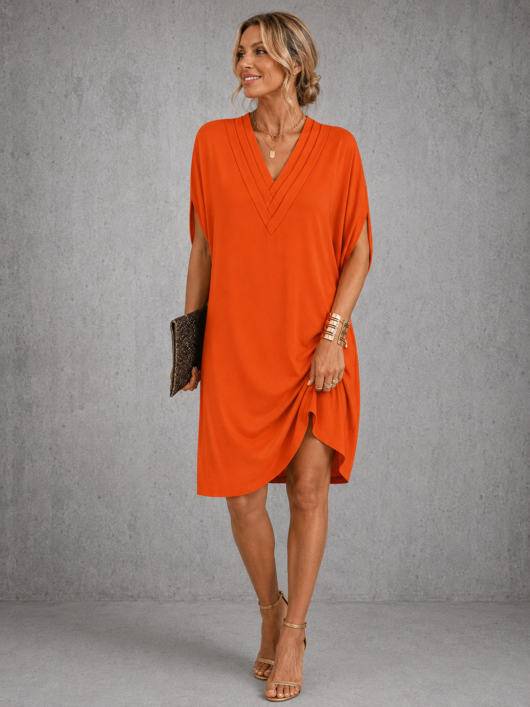 Pleated V-Neck Dolman Sleeve Tulip Hem Shift Midi Dress 4