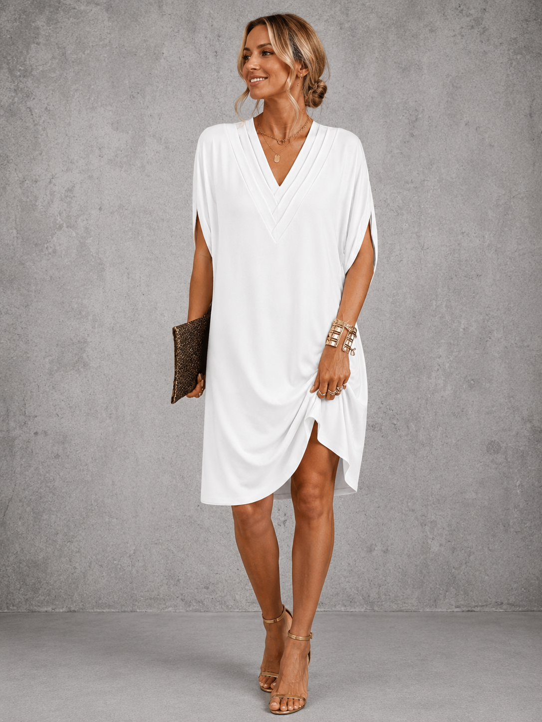 Pleated V-Neck Dolman Sleeve Tulip Hem Shift Midi Dress 5