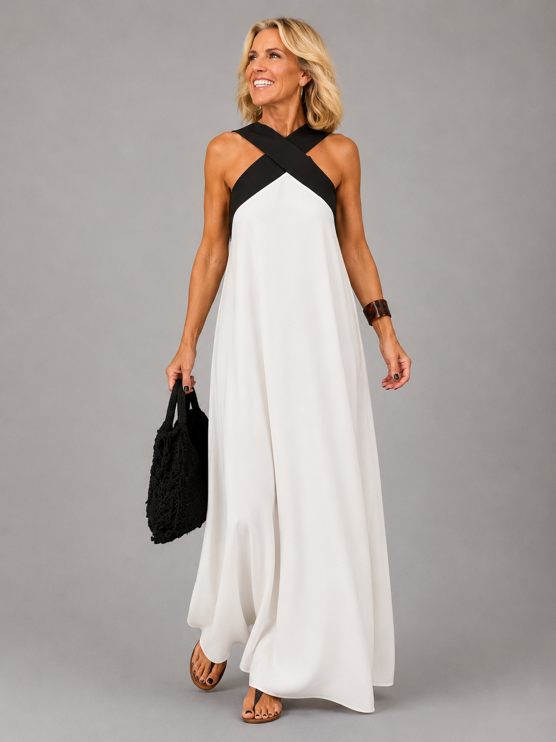 Crossover Halter Neck Contrast Chiffon Trapeze Maxi Dress 2