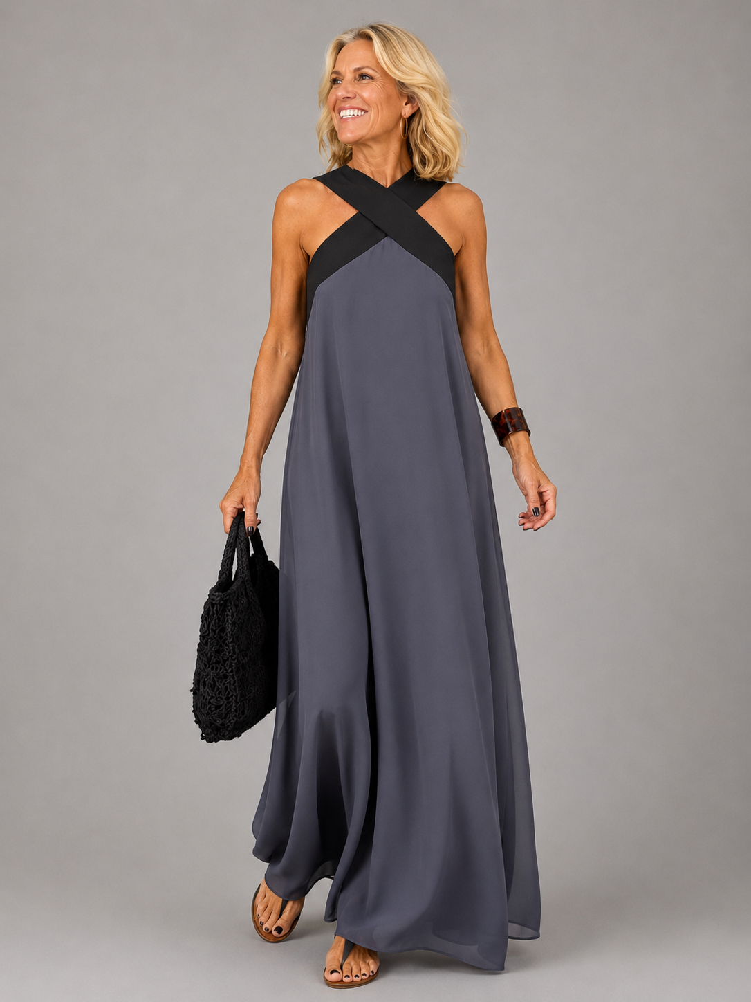 Crossover Halter Neck Contrast Chiffon Trapeze Maxi Dress 3
