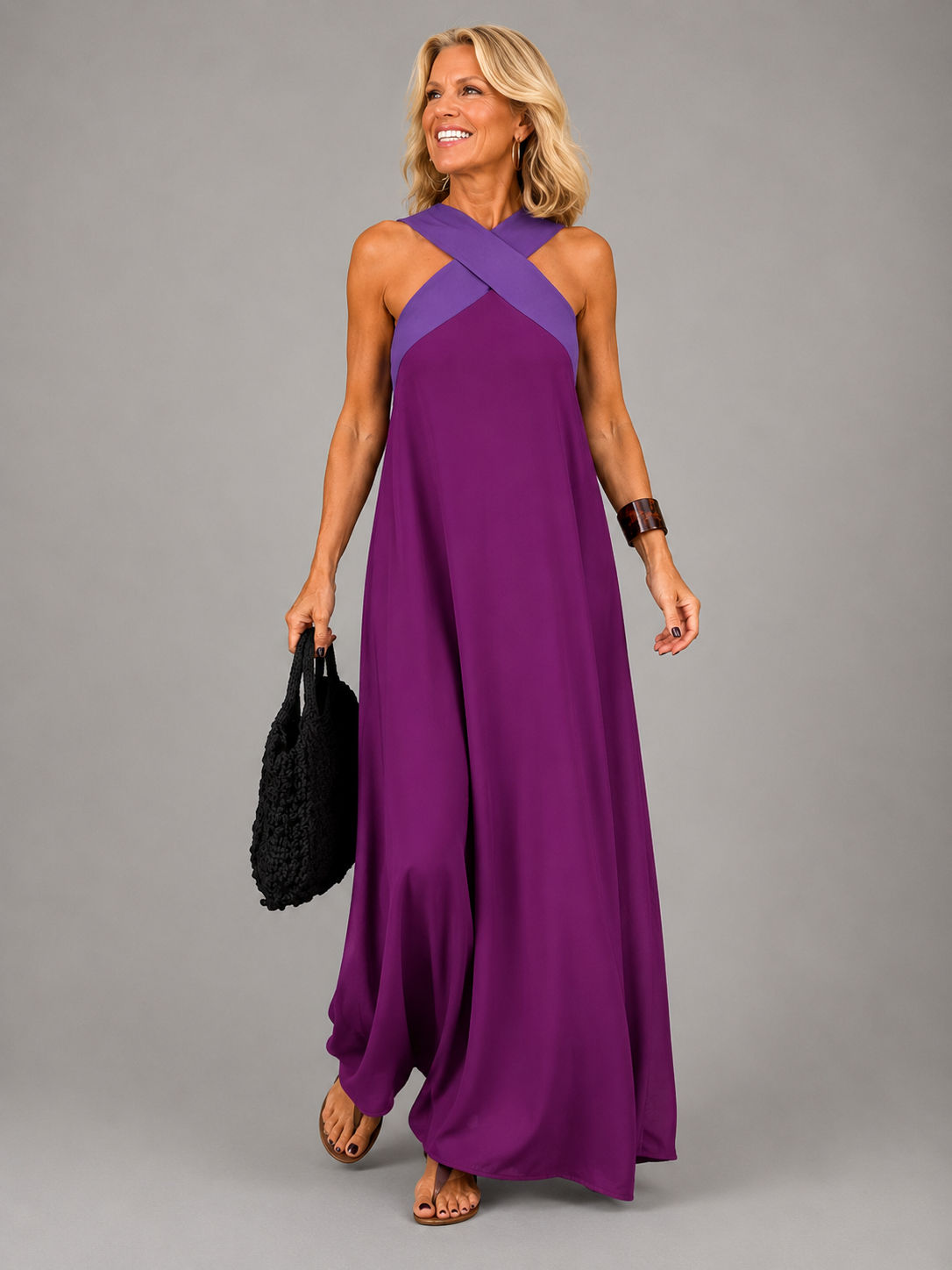 Cross Halter Neck Contrast Sleeveless Chiffon Flowy Maxi Dress