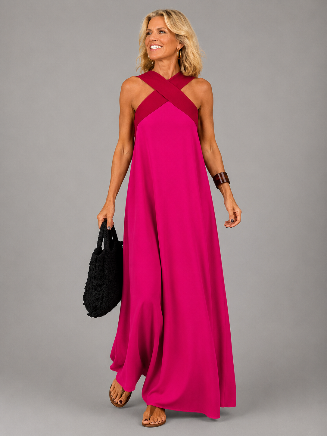 Crossover Halter Neck Contrast Chiffon Trapeze Maxi Dress 8