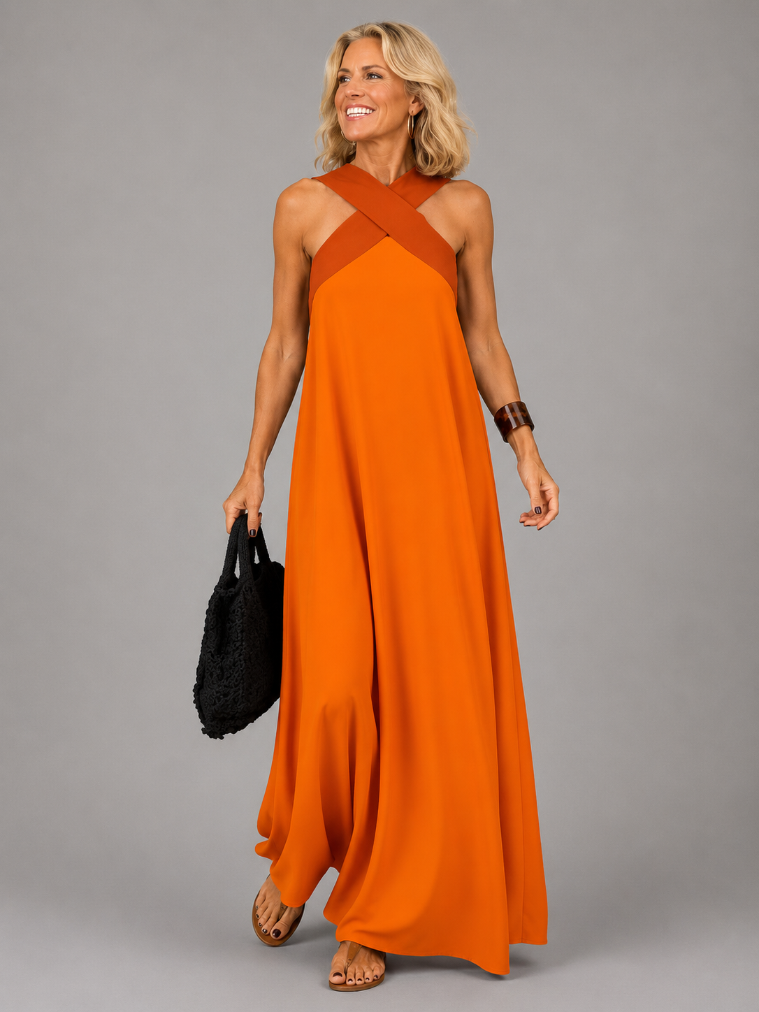 Cross Halter Neck Contrast Sleeveless Chiffon Flowy Maxi Dress