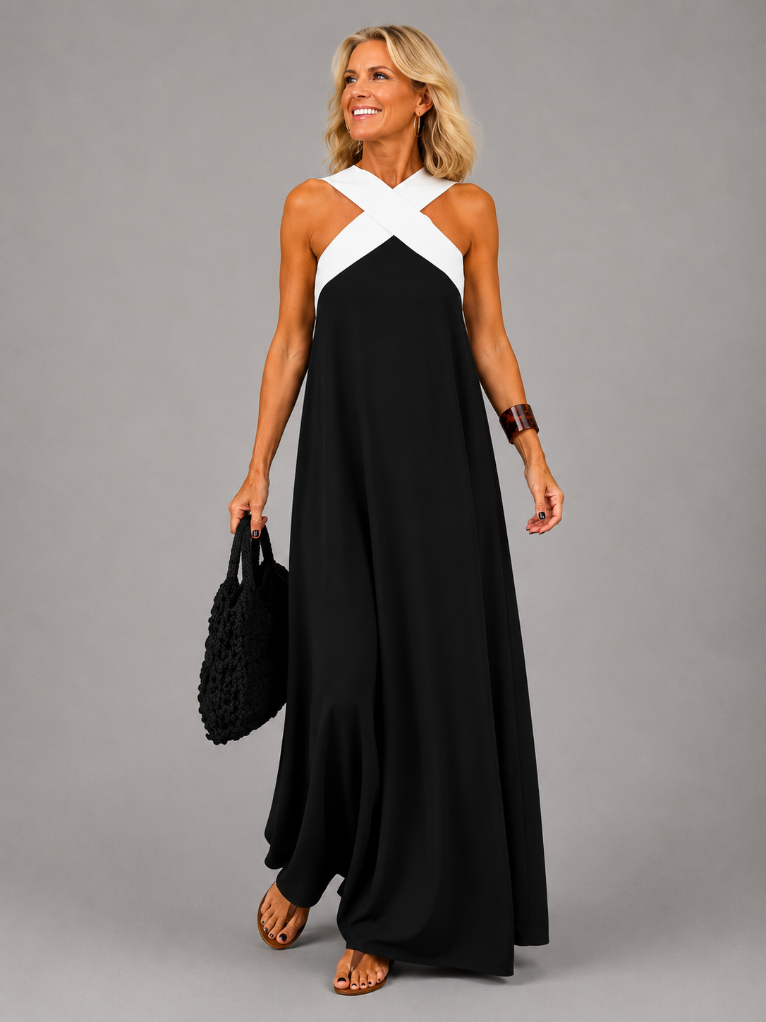 Cross Halter Neck Contrast Sleeveless Chiffon Flowy Maxi Dress