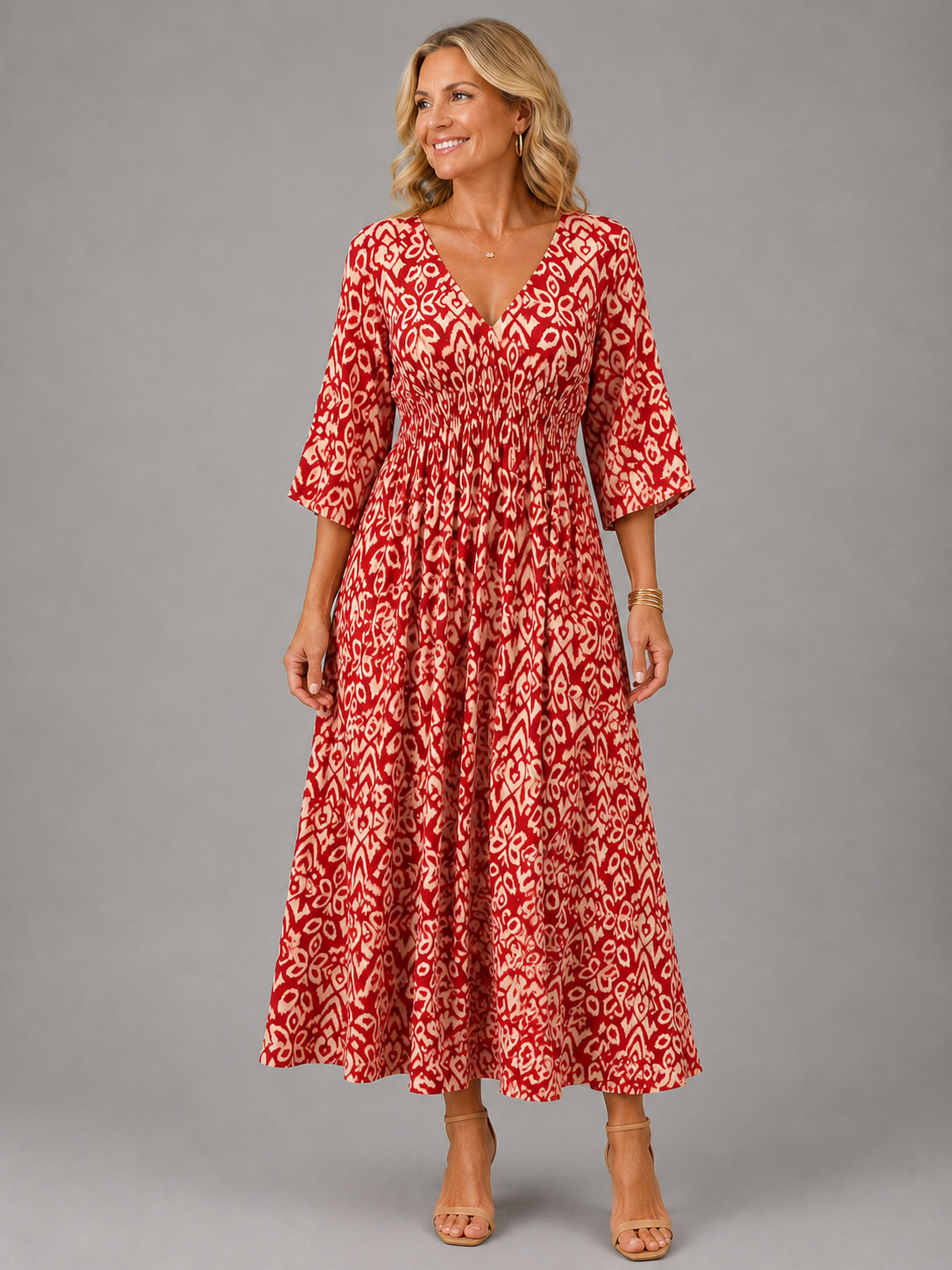 V-Neck Ikat Print Shirred Waist Half Sleeve A-Line Maxi Dress
