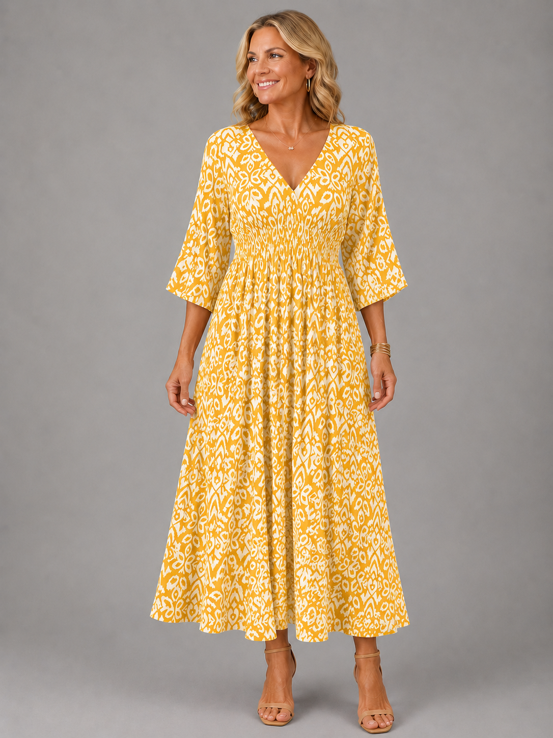 V-Neck Ikat Print Smocked Waist Flare Sleeve A-Line Maxi Dress 2