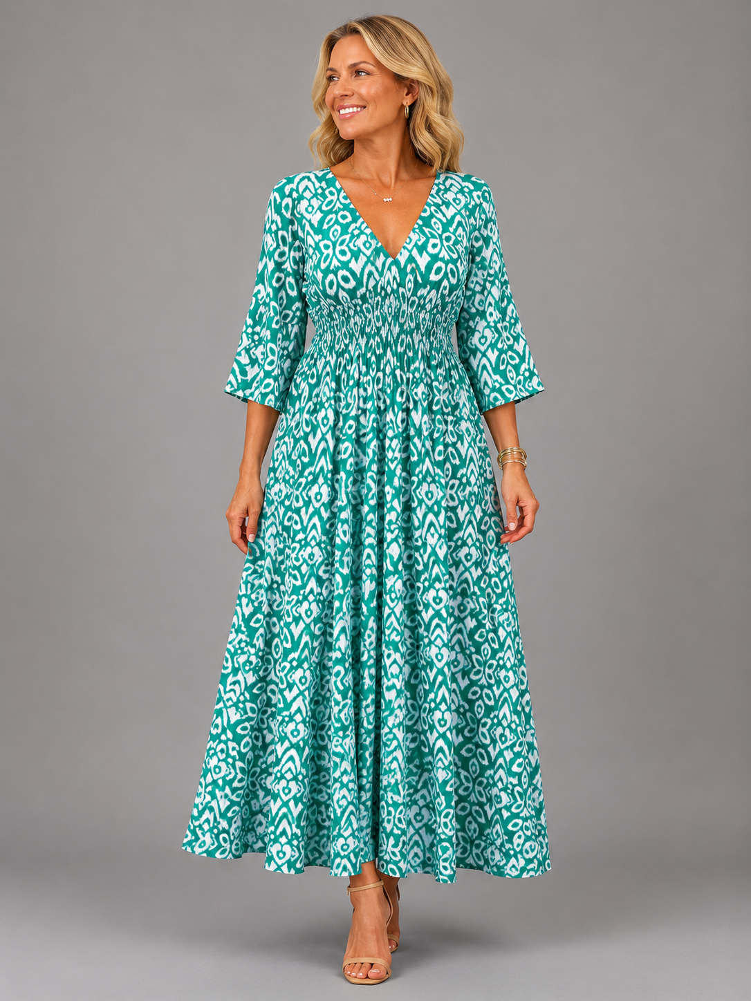 V-Neck Ikat Print Shirred Waist Half Sleeve A-Line Maxi Dress