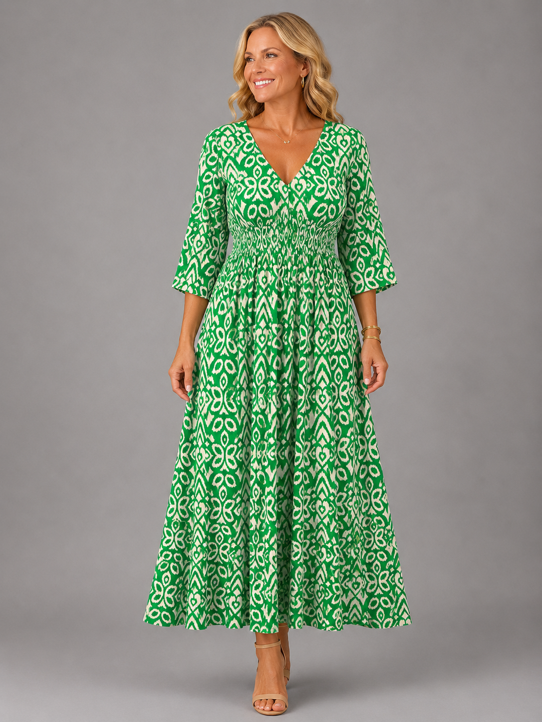 V-Neck Ikat Print Shirred Waist Half Sleeve A-Line Maxi Dress