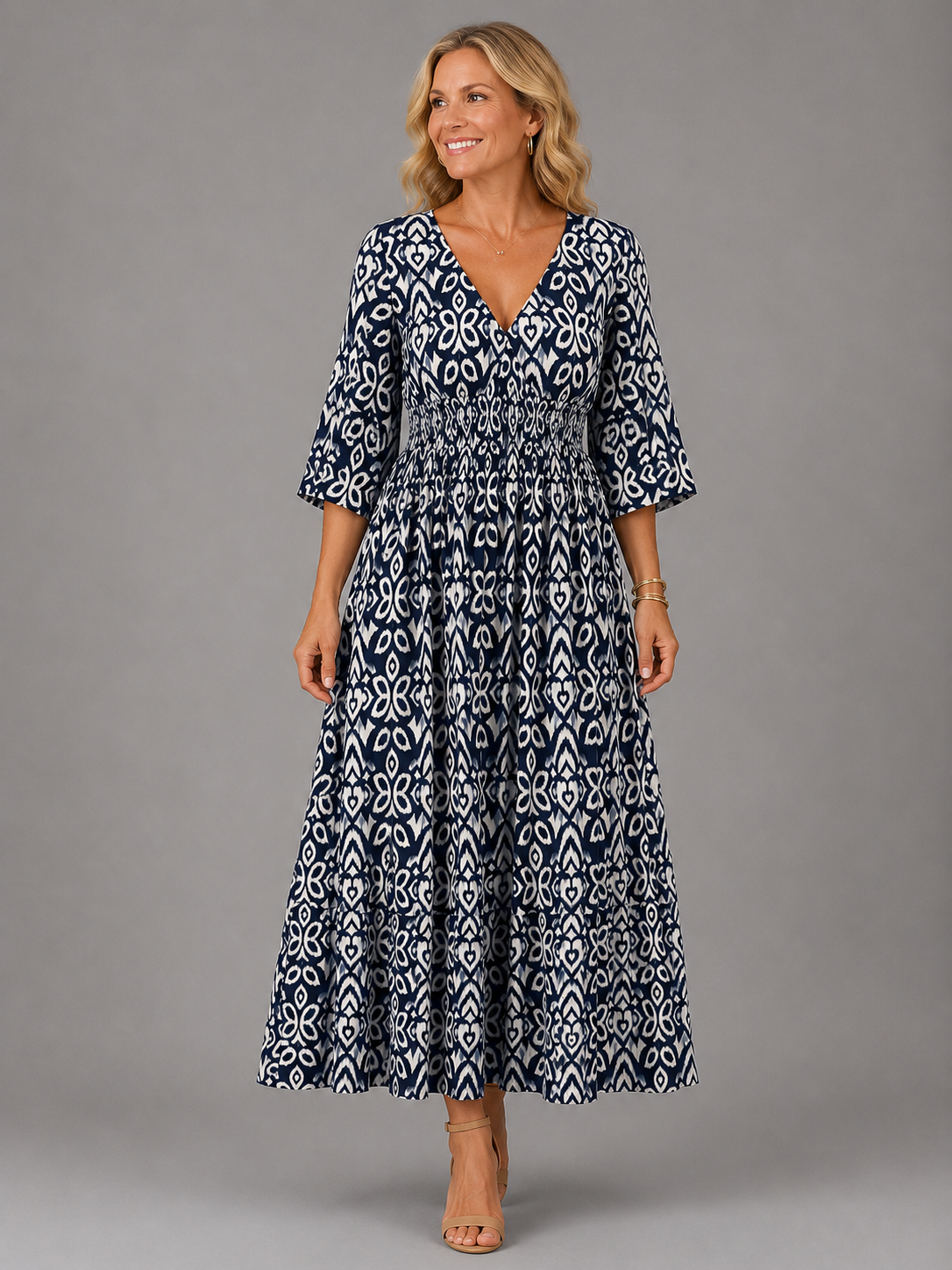 V-Neck Ikat Print Shirred Waist Half Sleeve A-Line Maxi Dress