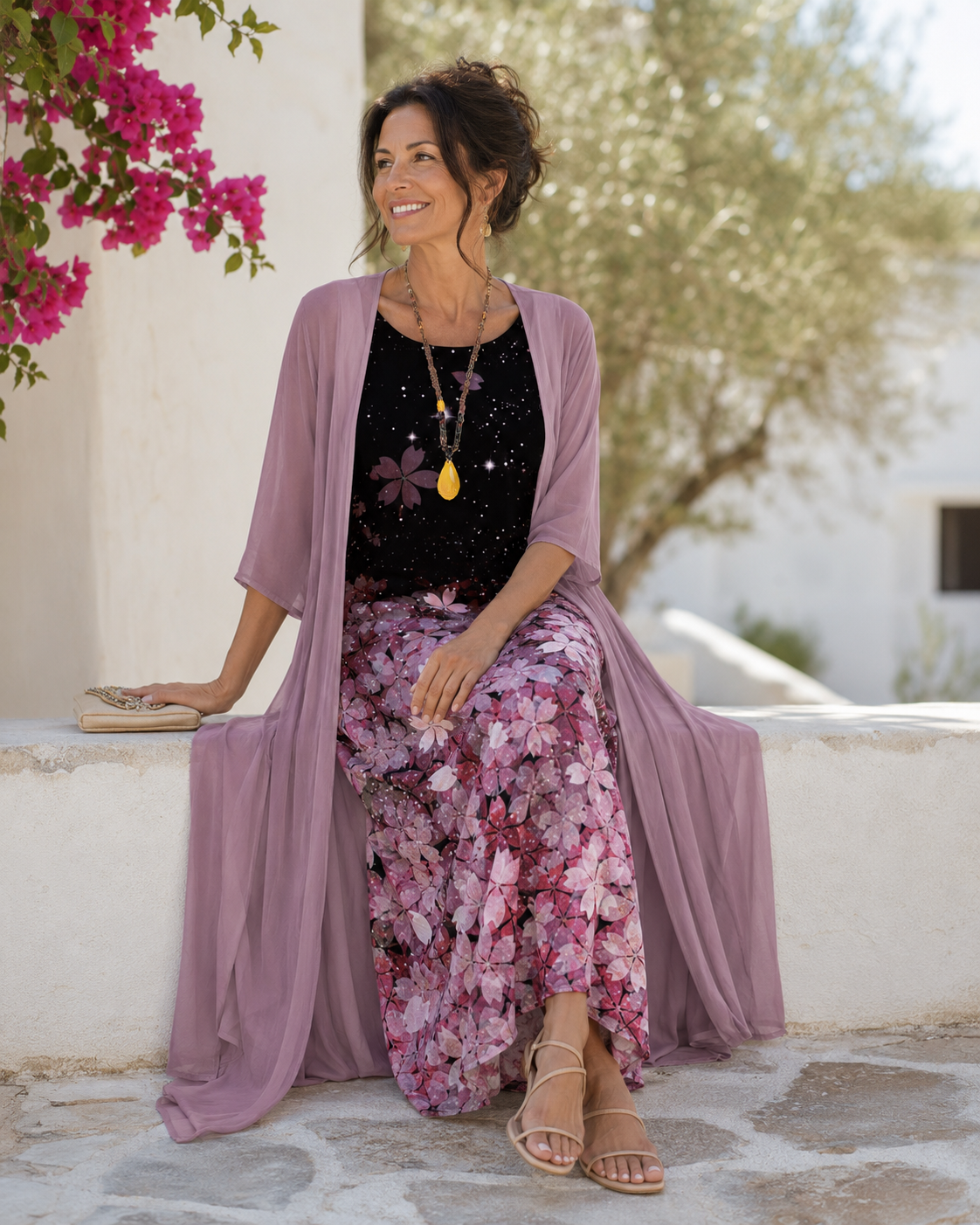 Floral Slip Midi Dress And Sheer Chiffon Duster Set 4
