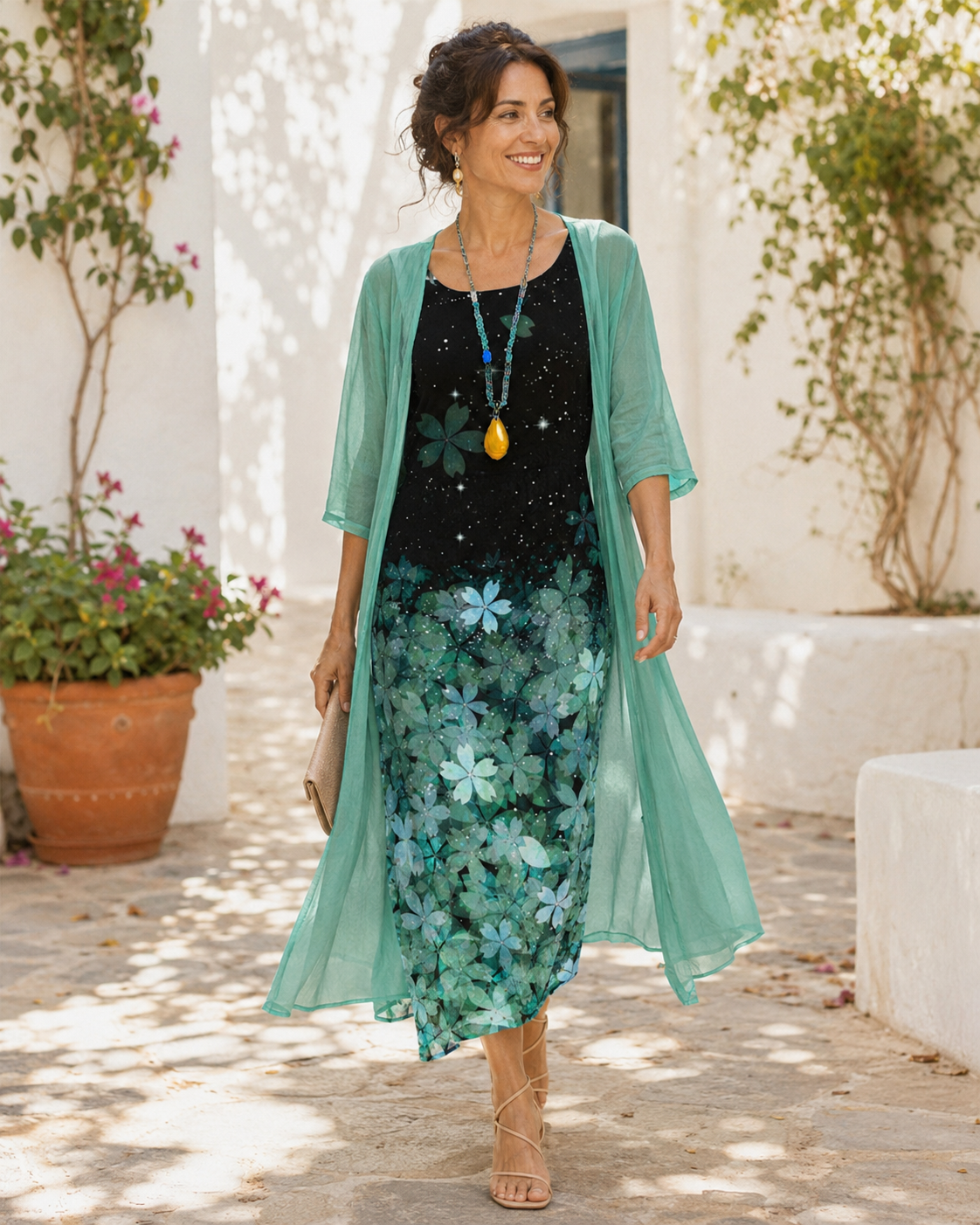 Floral Slip Midi Dress And Sheer Chiffon Duster Set 3