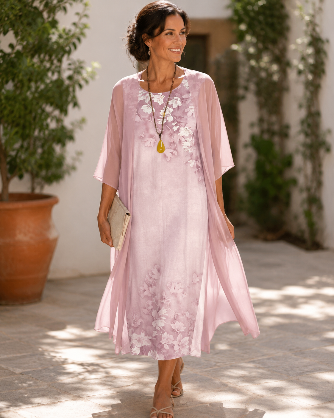 Scoop Neck Floral Slip Dress And Sheer Chiffon Duster Set