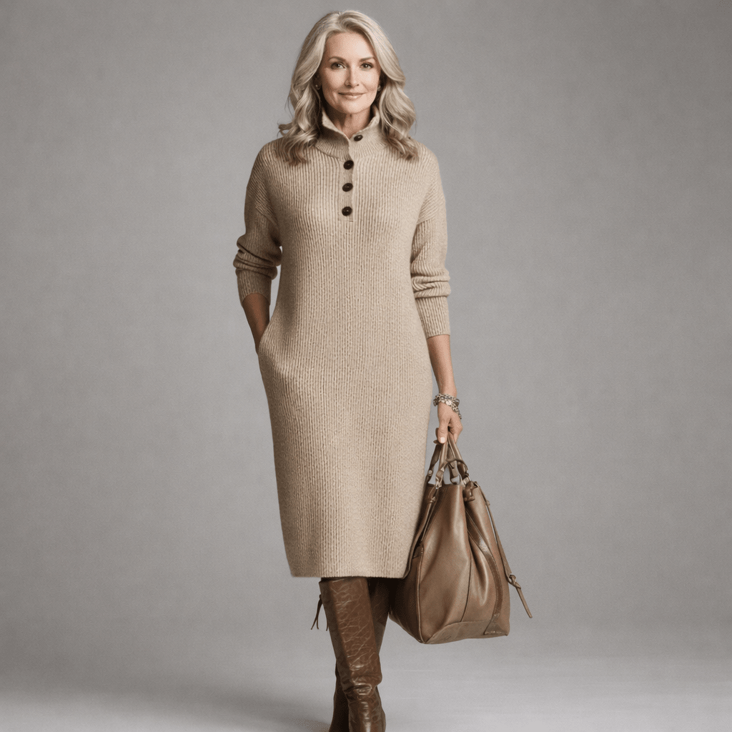 High Neck Button Placket Long Sleeve Ribbed Knit Sweater Midi Dress
