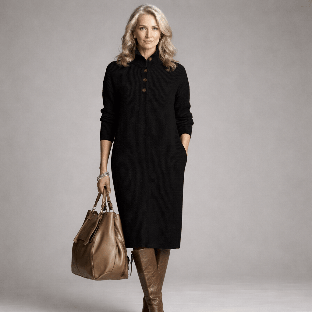 High Neck Button Placket Long Sleeve Ribbed Knit Sweater Midi Dress