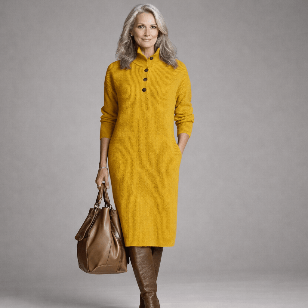 High Neck Button Placket Long Sleeve Ribbed Knit Sweater Midi Dress