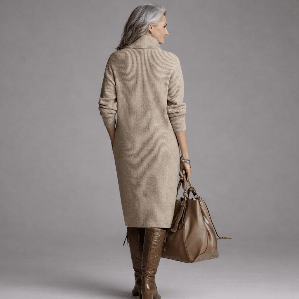 High Neck Button Placket Long Sleeve Ribbed Knit Sweater Midi Dress