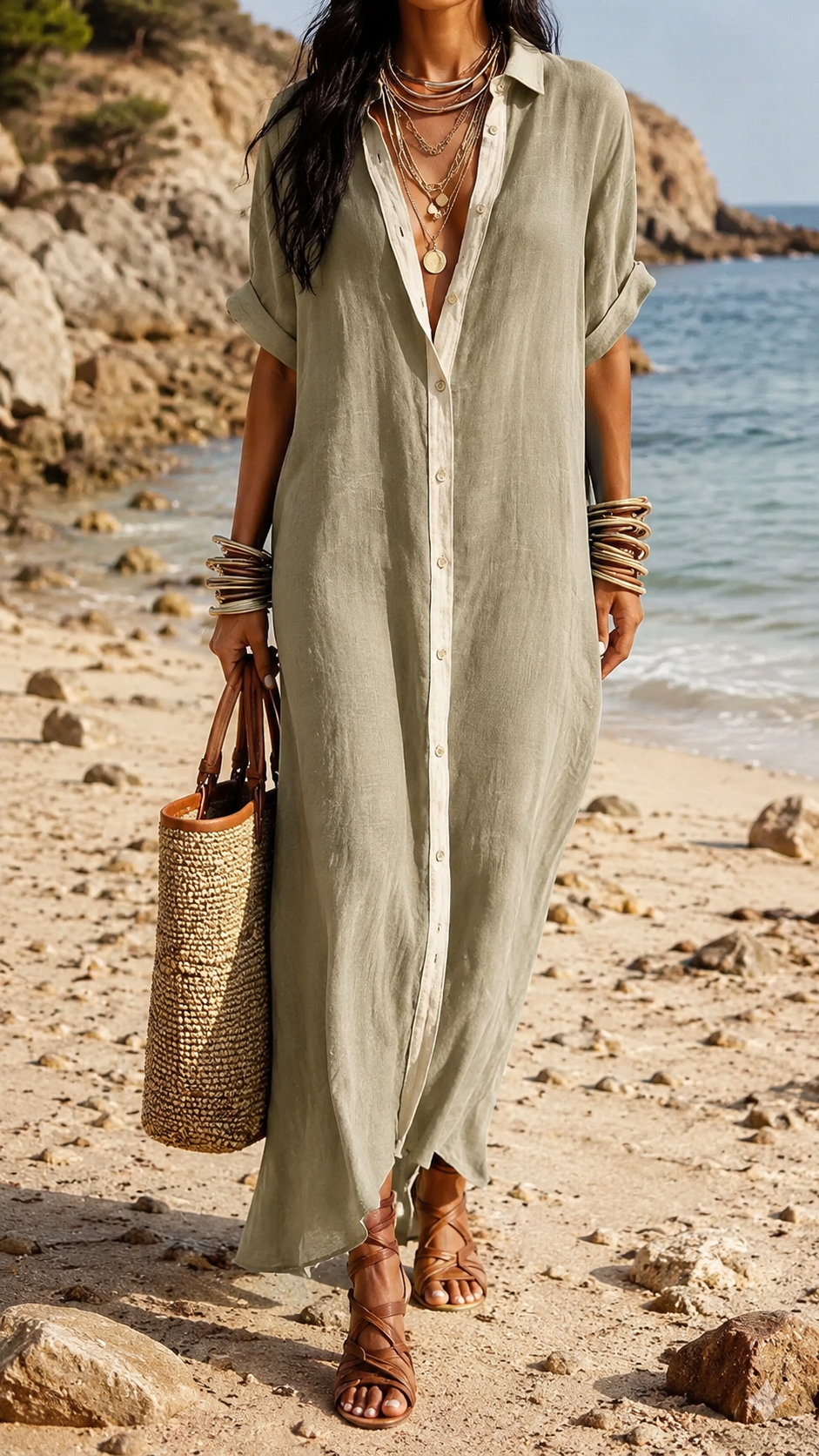 Collared Linen Button Front Contrast Placket Loose Maxi Dress