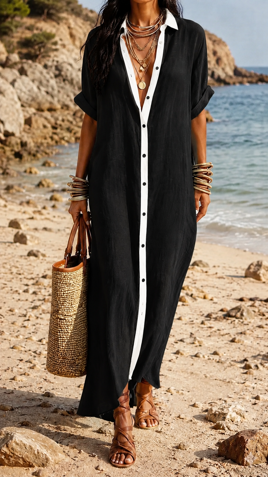 Collared Linen Button Front Contrast Placket Loose Maxi Dress 2