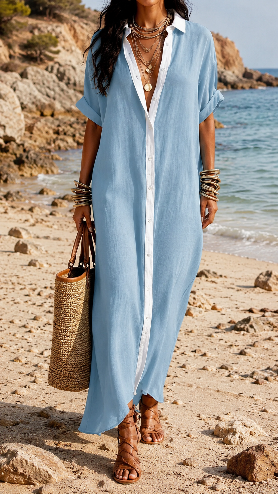 Collared Linen Button Front Contrast Placket Loose Maxi Dress 4