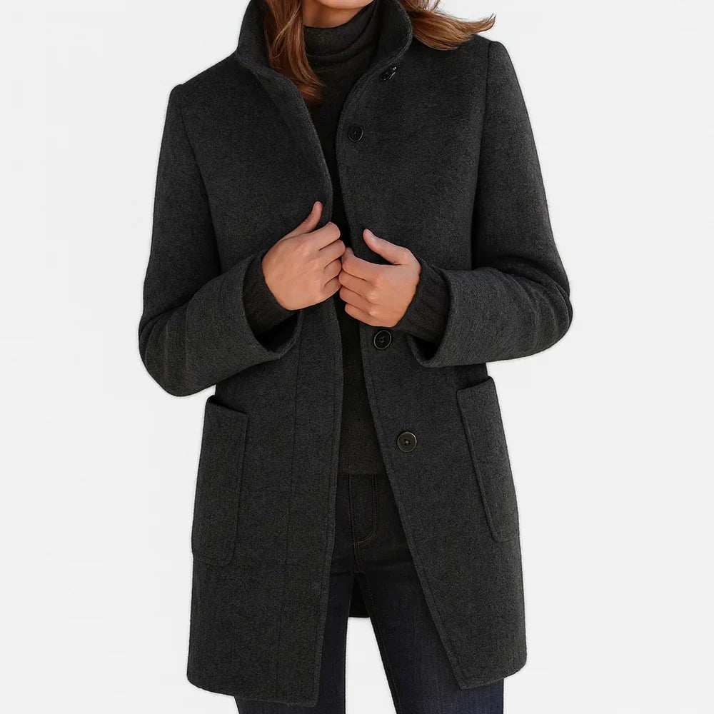 Stand Collar Button Front Patch Pocket Wool Coat 2