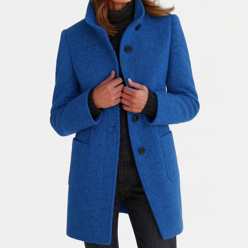Stand Collar Button Front Patch Pocket Wool Coat