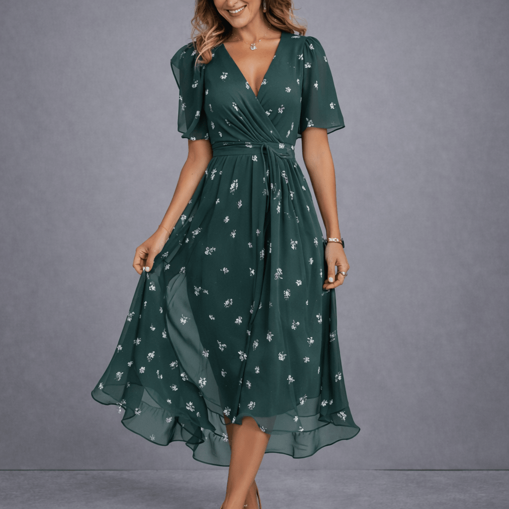 V-Neck Floral Flutter Sleeve Chiffon Wrap A-Line Midi Dress