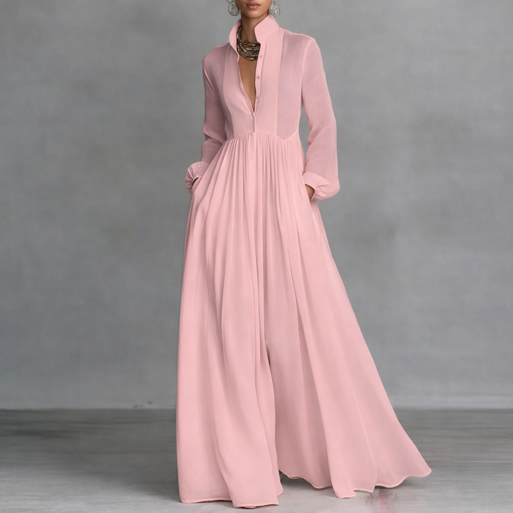 Stand Collar Button Front Long Sleeve Linen Pleated A-Line Maxi Dress 5