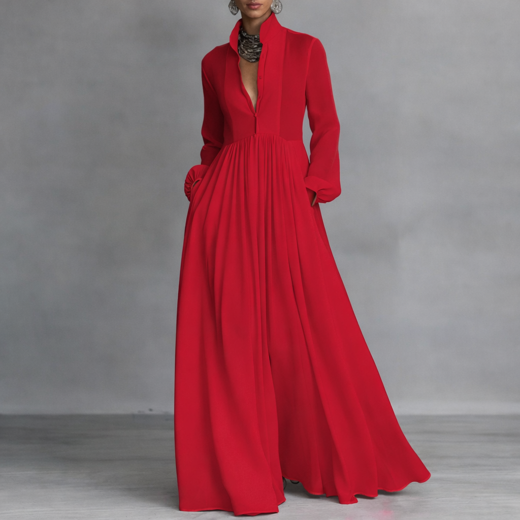 Stand Collar Button Front Long Sleeve Linen Pleated A-Line Maxi Dress 4