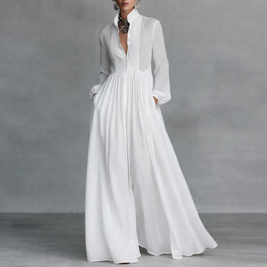 Stand Collar Button Front Long Sleeve Pleated Flowing Maxi Dress