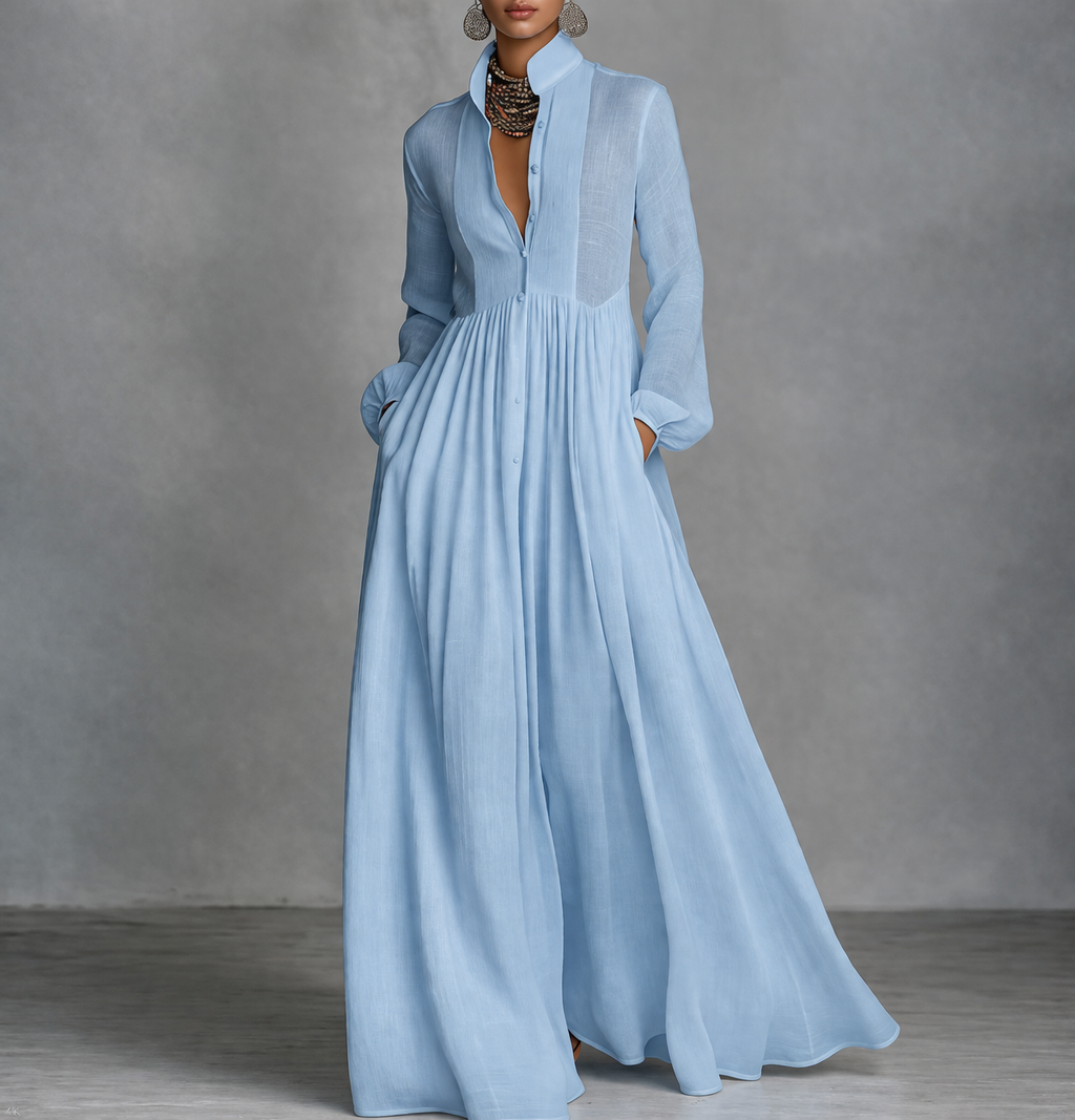 Stand Collar Button Front Long Sleeve Pleated Flowing Maxi Dress 2