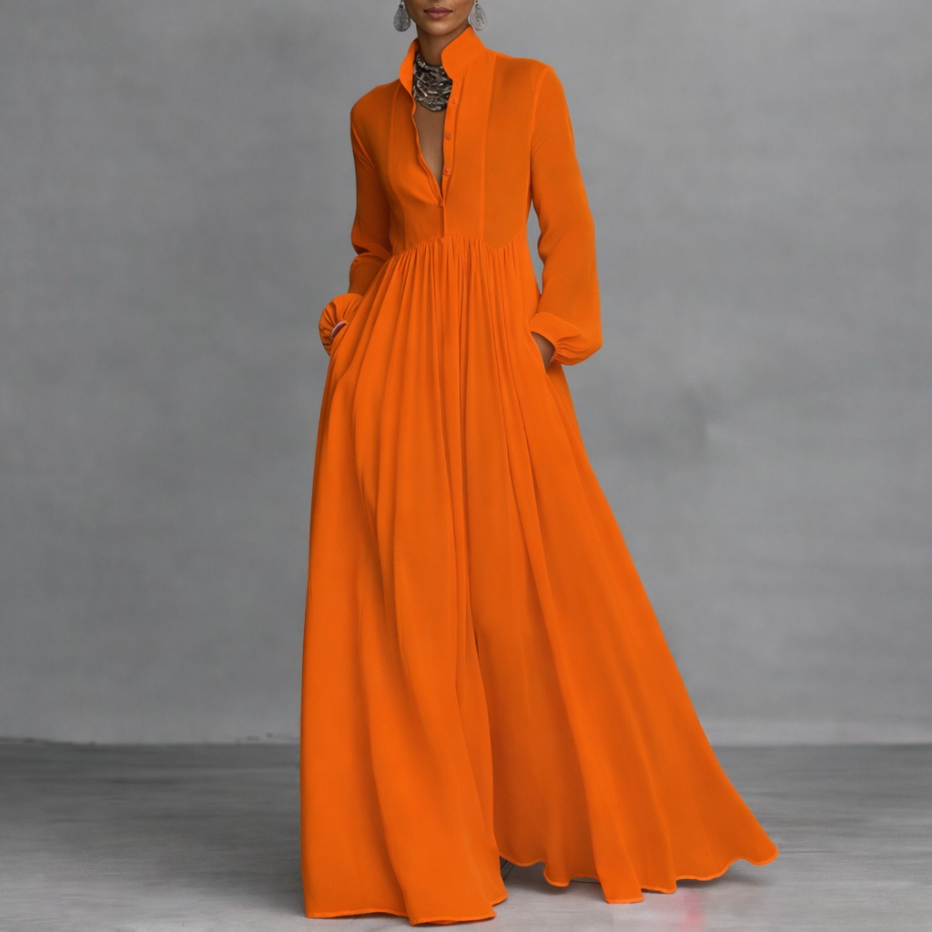 Stand Collar Button Front Long Sleeve Pleated Flowing Maxi Dress 6