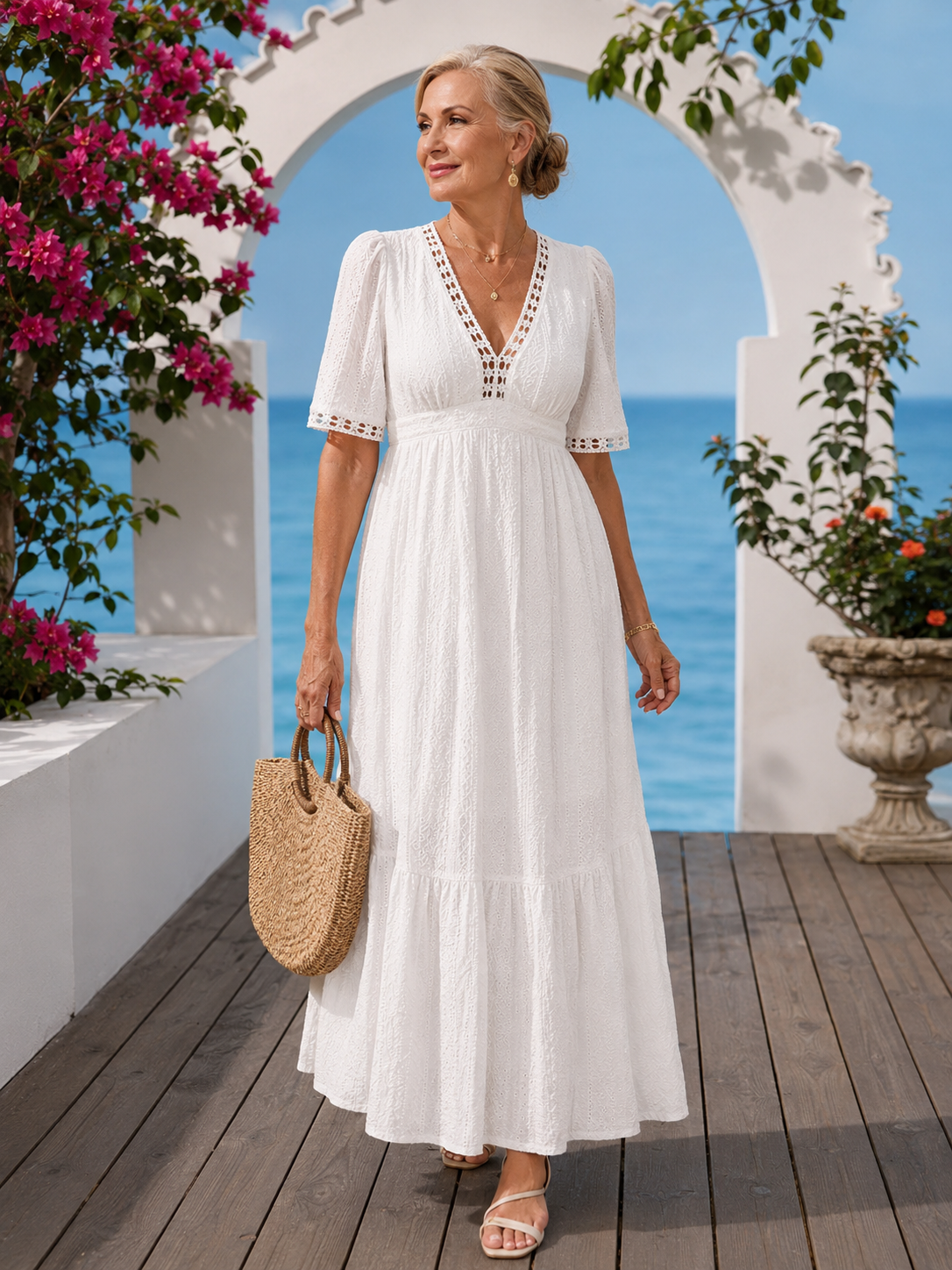 V-Neck Crochet Trim Eyelet Short Sleeve Tiered Maxi Dress