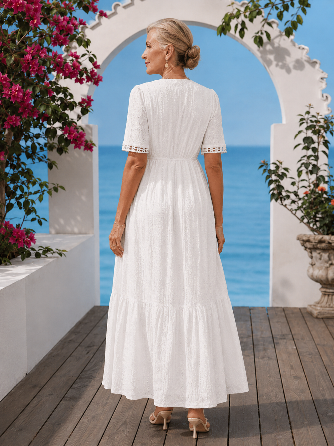 V-Neck Crochet Trim Eyelet Short Sleeve Tiered Maxi Dress 5