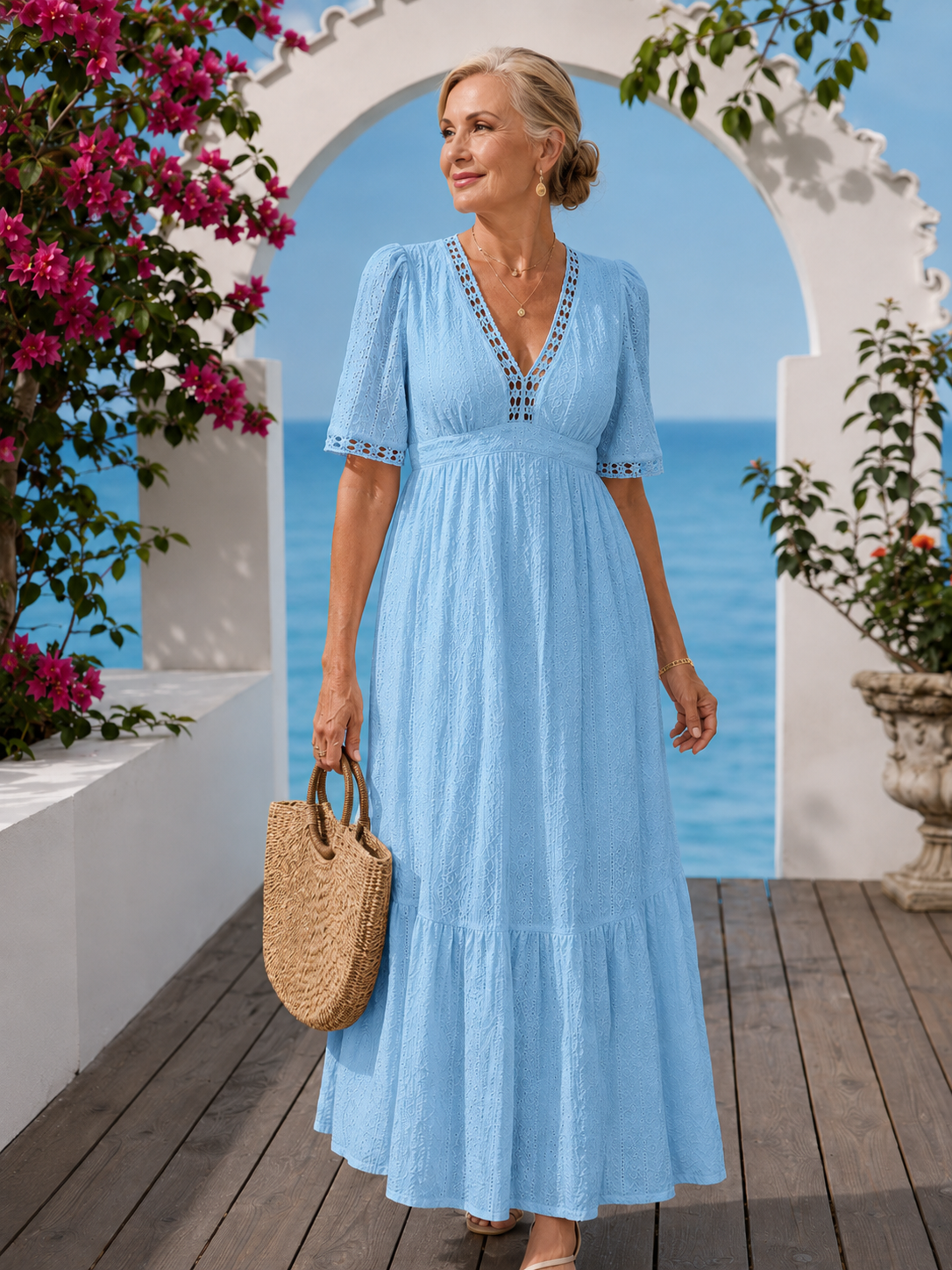V-Neck Crochet Trim Eyelet Flutter Sleeve Tiered Maxi Dress 2